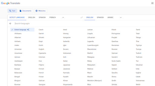 Screenshot of Google Translate showing multiple languages