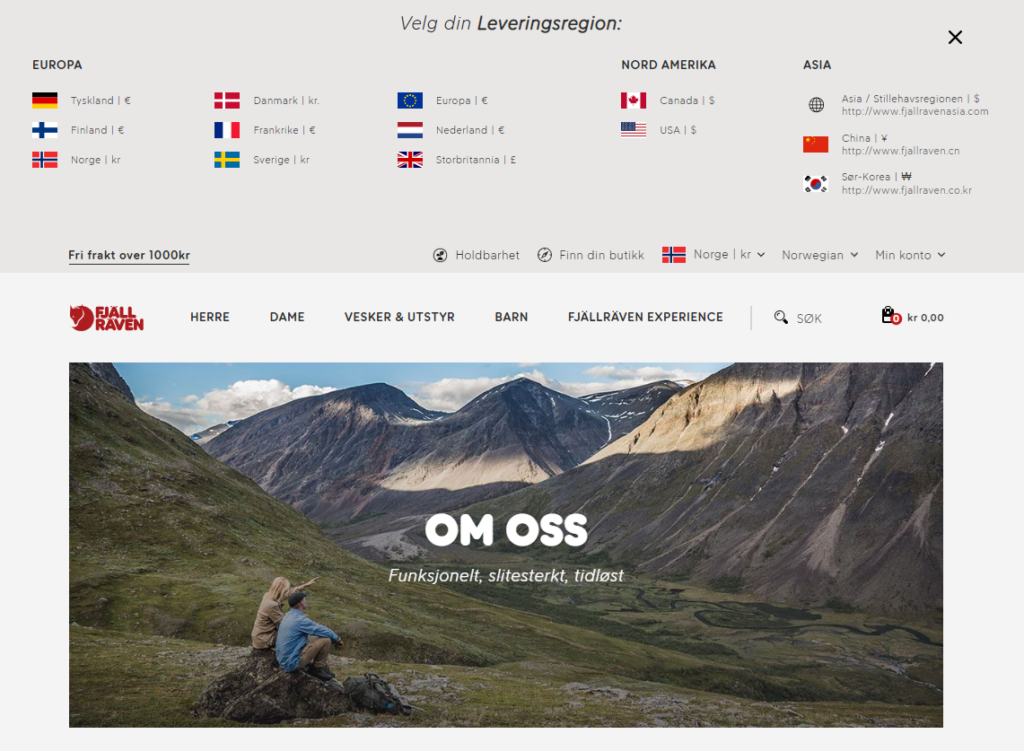 Homepage of fjallraven, scandinavian languages comparison