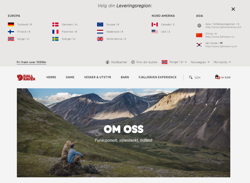 Homepage of fjallraven, showing a multilingual menu to pick different languages Homepage of fjallraven, scandinavian languages comparison
