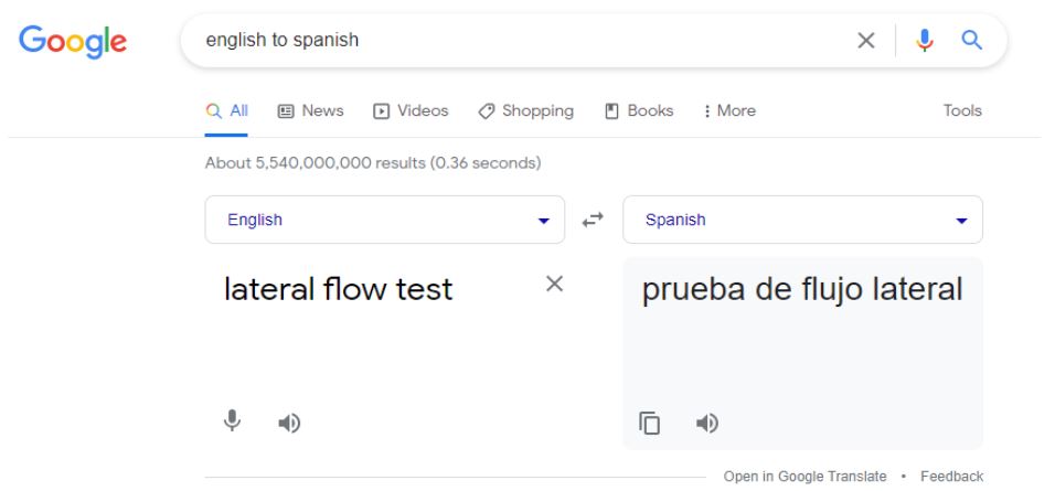 Screenshot of Google Translate giving an incorrect English to Spanish translation of the term ‘lateral flow test’