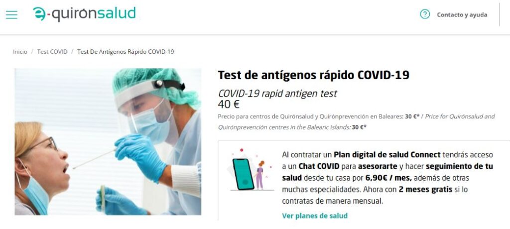 Screenshot of Spanish website selling lateral flow tests