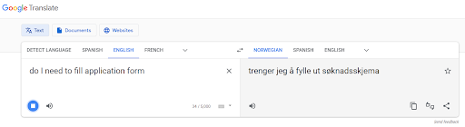 Google Translate interface with a translation from English into Norwegian