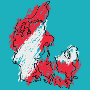 Outline of Denmark on map coloured in red and white on a blue background