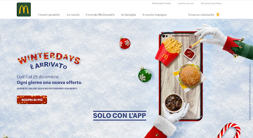 Multilingual website examples, Home Page of McDonald's Italy website featuring a Christmas promotion