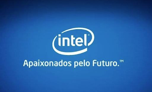 Apaixonados pelo futuro, Intel slogan transcreation in Portuguese, on a blue background