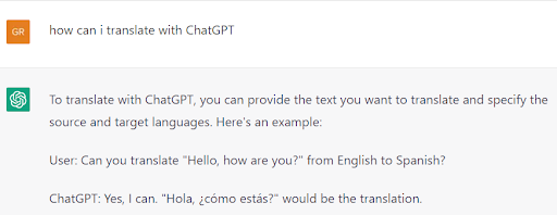 screenshot with the question and answer about how to translate using ChatGPT