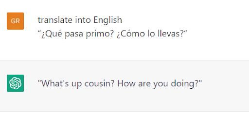 screenshot with a Spanish into English translation on ChatGPT