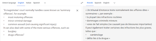 screenshot with an English into French translation on Google Translate