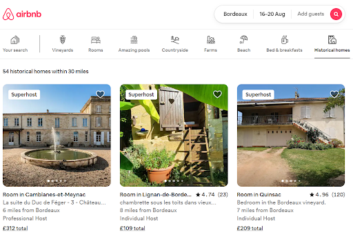 Airbnb localization example, selection of historical homes in Bordeaux