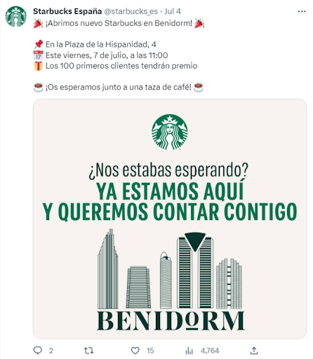 Starbucks localized social media post announcing a new opening