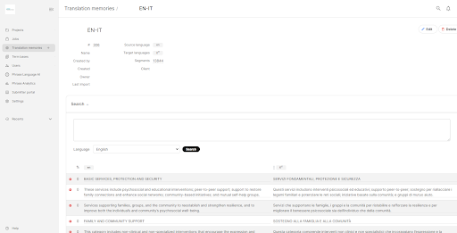 a translation memory in the language combination English to Italian
